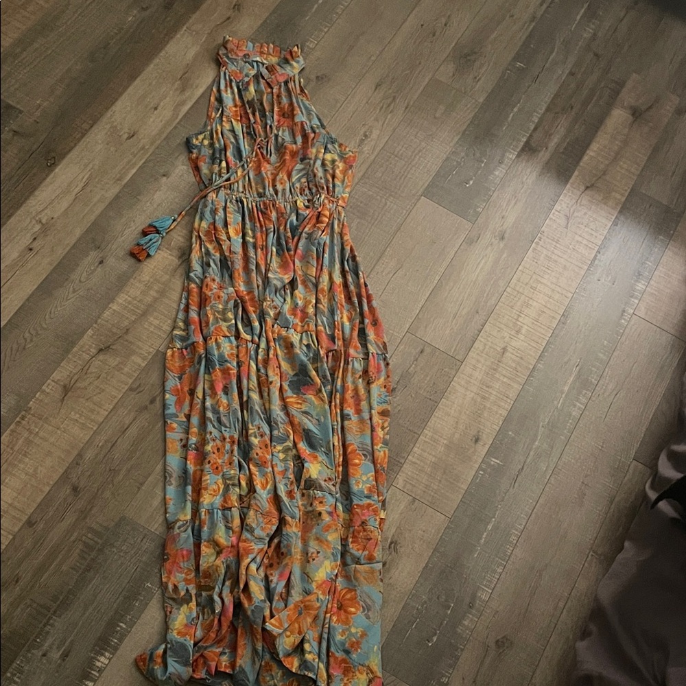 Boho Floral Halter Maxi Dress in Turquoise and Orange